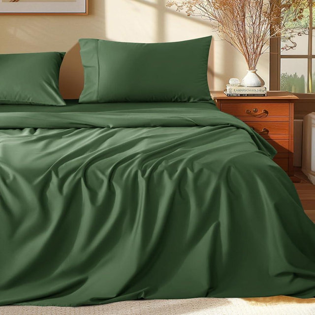 Shilucheng 100% Egyptian Cotton Queen Size Sheets Set - 1000 Thread Count，Luxury Cotton Bed Sheets，Breathable & Cooling Bedding and Pillow Cases, 16 Inch Deep Pocket - 4 Piece(Olive Green,Queen)
