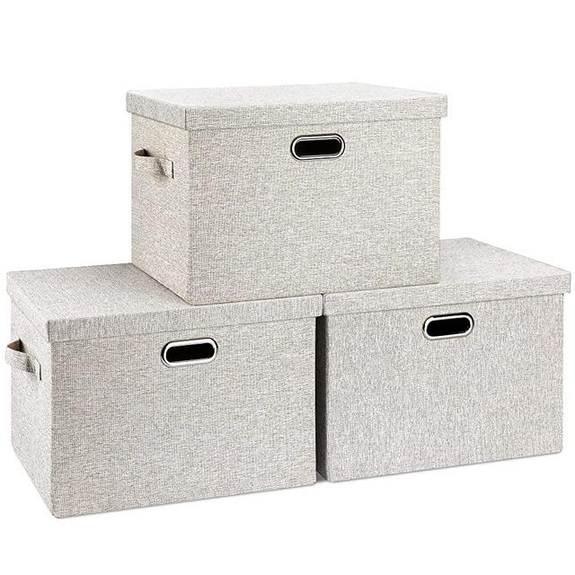 Graciadeco Large 17" 36 Quart Collapsible Stackable Storage Bins with Lids, 3 Packs Beige Foldable Fabric Closet Storage Boxes with Lids, 4 Handles Toy Heavy-duty Dark Gray Linen Storage Cube Box Baskets Container Organizers and Storage for Bedroom Office (17 x 12 x 11)