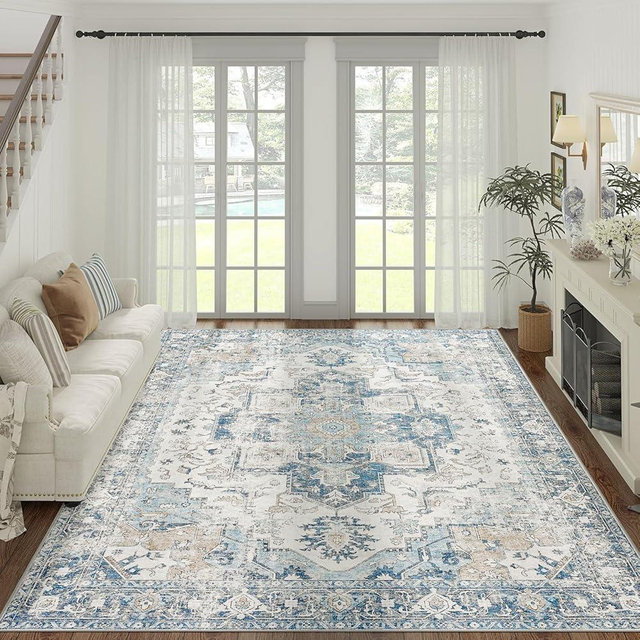 jinchan Area Rug 9x12 Washable Living Room Rug Vintage Indoor Large Floor Cover Distressed Lightweight Non-Slip Low Pile Thin Mat Accent Stain Resistant Carpet for Bedroom Dining Room Office Blue