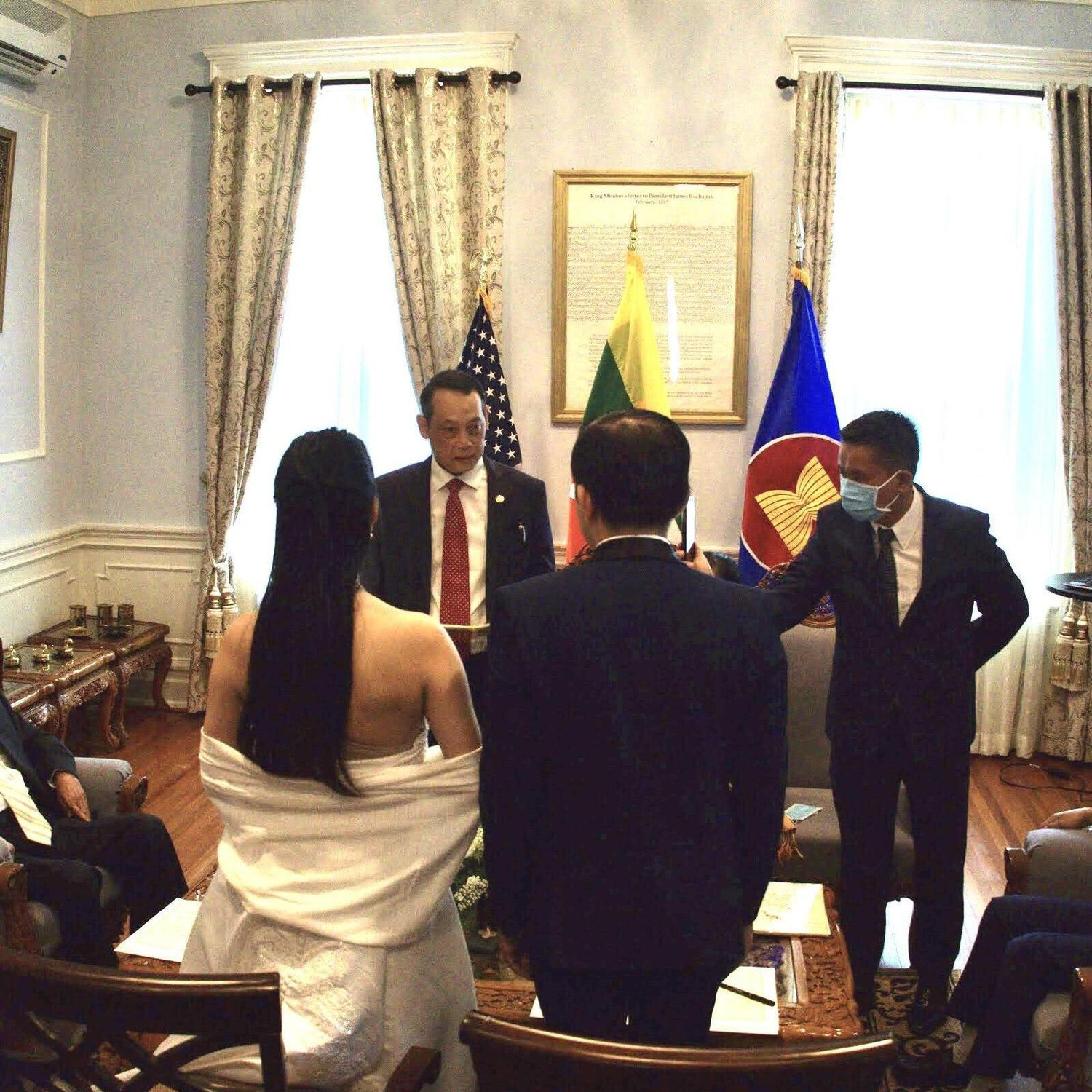 With Ambassador U Aung Lynn and spouse Daw Kaythi Kyi Wynn, who in the ambassador’s capacity, signed and officially sealed our Marriage Certificates in accordance with Myanmar law.