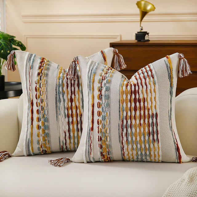 CATOLAT Set of 2 Boho Pillow Covers with Tassels Brown 18x18 Inch Farmhouse Decorative Chenille Tufted Striped Throw Pillow Covers, Neutral Accent Square Textured Pillowcase for Couch Bed Living Room