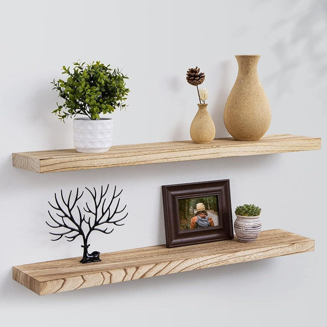 Floating Shelves, 36 Inch Wall Shelf Set of 2, Rustic Wood Shelves for Wall Storage, Fireplace Mantel, Wall Mounted Wooden Display Shelf for Bathroom Bedroom Kitchen Garage, Carbonized Black, Upgrade