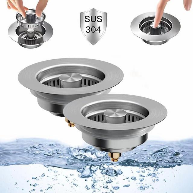 2 Pcs 3 in 1 Kitchen Sink Drain Strainer,Universal Stainless Steel Kitchen Sink Stopper, Pop Up Anti-Clogging for 3-1/2 Inch US Standard Sink Drain Strainer