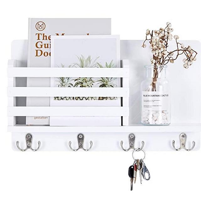 Mimacoo Wall Mounted Key Mail Holder Organizer Wooden Mail Sorter with 4 Double Coat Key Hooks and A Floating Shelf Rustic Home Decor for Entryway or Mudroom,White