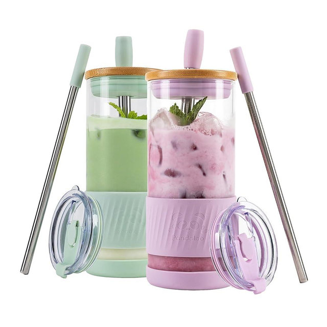Pandaloo® Glass Cups With Lids and Straws -20 Fl Oz- Perfect Size Iced Coffee Cup - Smoothie Cup With Bamboo Lid and On the go Lid - Glass Tumbler (2 Count (Pack of 1), Lilac-Sage)