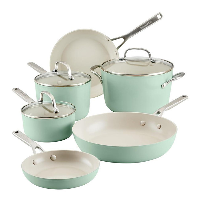 KitchenAid Hard Anodized Ceramic Ceramic Nonstick Cookware Pots and Pans Set, 9 Piece - Pistachio