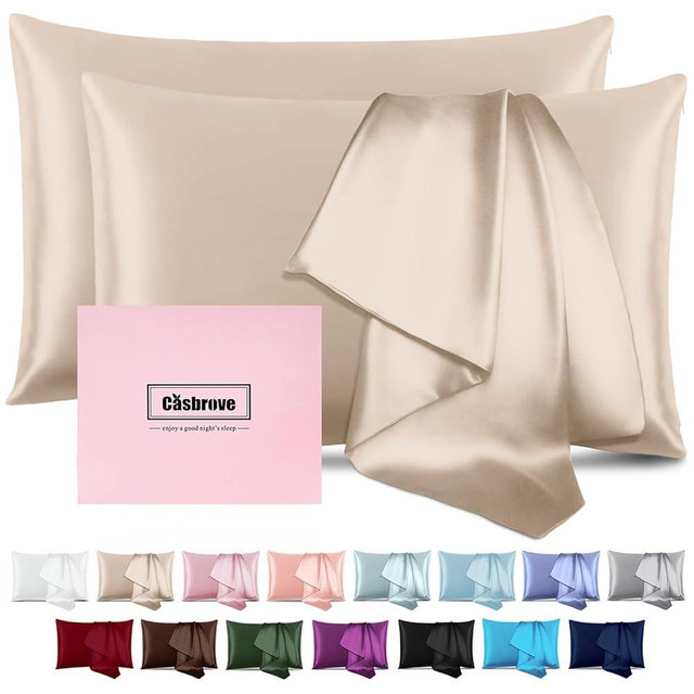 Silk Pillow Cases 2 Pack Mulberry Silk Pillow Cases Soft Breathable Both Sided Natural Silk Pillowcase with Zipper Beauty Sleep Silk Pillow Cases for Gift(Queen,Champagne)