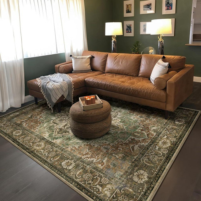 5x7 Machine Washable Area Rug for Living Room, Brown Green Boho Vintage Floral Rug Large Non-Slip Low Pile Soft Faux Wool Carpet, Kids and Pets Friendly for Bedroom Dining Room Farmhouse Decor Rug