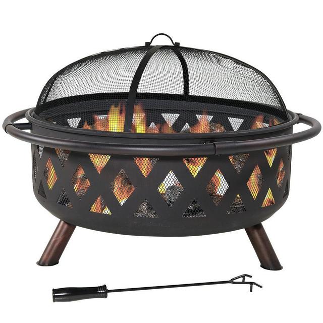 Black Cross Weave 36 in. x 24 in. Round Steel Wood Burning Fire Pit with Spark Screen