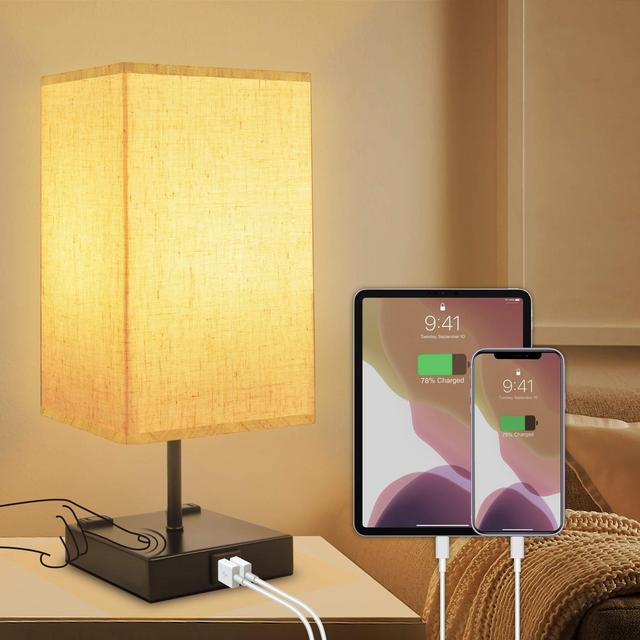 3-Way Dimmable Touch Control Table Lamp with 2 USB Charging Ports,2 AC Outlets Nightstand Lamp,Winshine Minimalist Bedside Lamp for Bedroom,Square Fabric Linen Lampshade,E26 Base LED Bulb Included