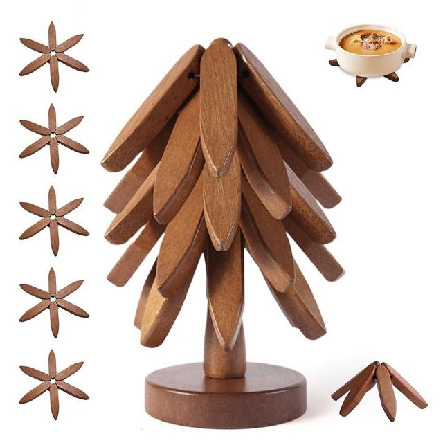 DQVIBE Wooden Tree Coasters Trivets for Hot Dishes Wood Tree Coasters Set of 5 Wooden Tree Trivet Set for Hot Pots and Pans Stackable, DIY Wooden Christmas Tree Trivet (5 Walnut Trivets +1 Stand)