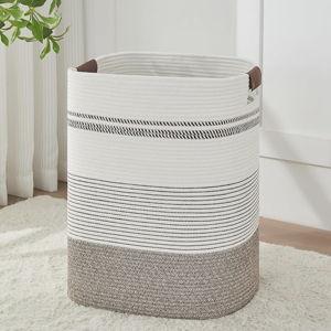 AINUOQI Laundry Hamper - Tall Woven Rope Laundry Basket - Clothes hamper with Leather Handles, 17" X 13.8" X 22", Blanket Storage Basket for Living Room, Rice Brown & White