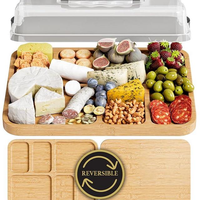 Trayful Charcuterie Board with Lid - Reversible, 2-in-1 Travel Portable Cheese Board for Picnics & Entertaining - Housewarming Gift Set Idea - Covered Snack Serving Tray - Large Food Platter