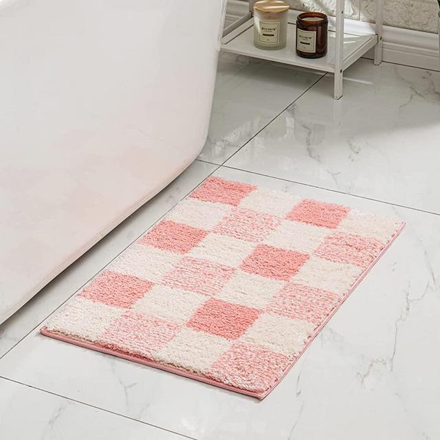 CozeCube Checkered Bath mats for Bathroom Non Slip, Plush Shaggy Bath Rugs for Bathroom Washable, Buffalo Plaid Bath mat, Blossom Pink, 24" x 16