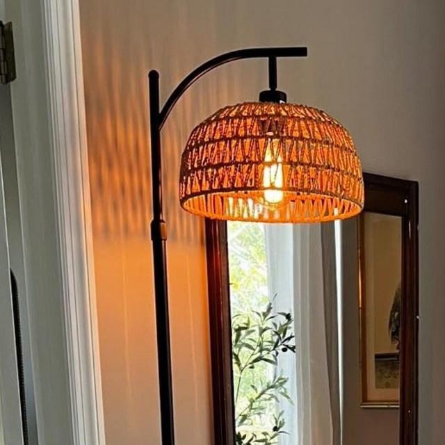 Boho Tall Lamp, Farmhouse Industrial Floor Lamp, Arc Standing Lamp, Handmade Rattan Floor Lamp, Dimmable Black Wicker Bamboo Lamp