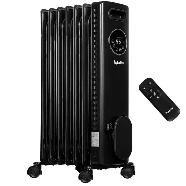 hykolity 1500W Oil Filled Radiato with Remote, Digital Thermostat,24H Timer Electric Heater with 3 Power & ECO Digital Led Display, Overheat & Tip-Over Protection, ETL-certified For Indoor Black