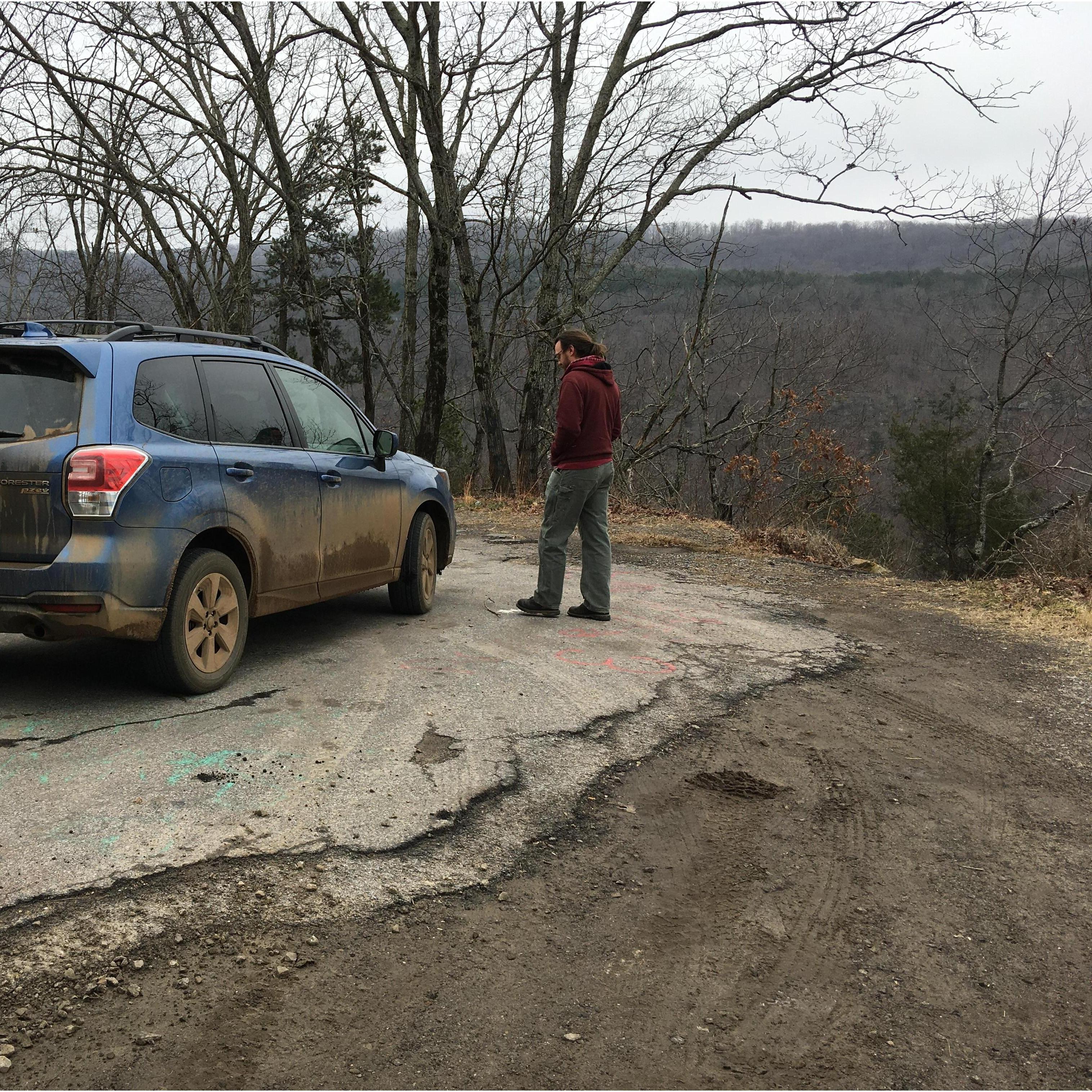 Tim showing me look out point in Oark, AR. February 2021.