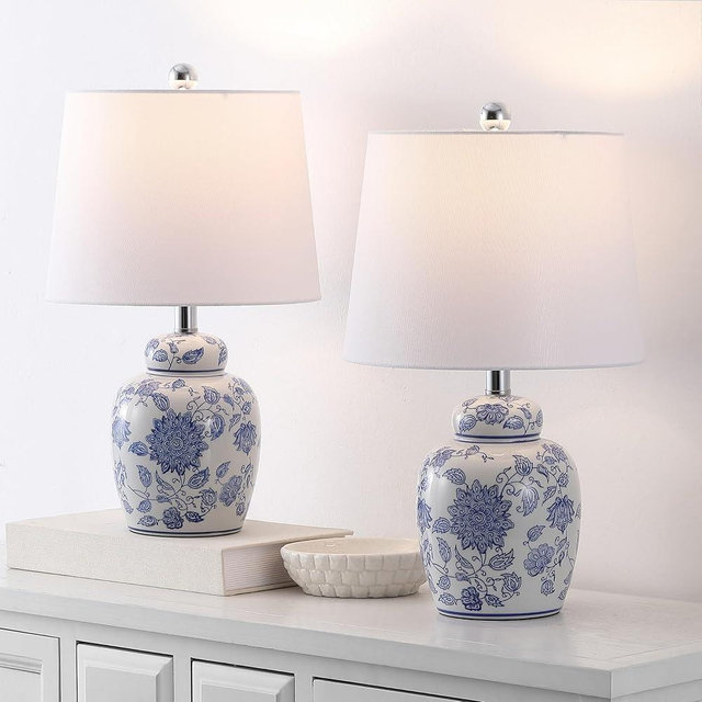 SAFAVIEH Lighting Collection - Sandra White & Blue Ceramic Table Lamp Set of 2, 20" Decorative Accent Lights with Fabric Shades, E26 Bulb Compatible (TBL4630A-SET2)