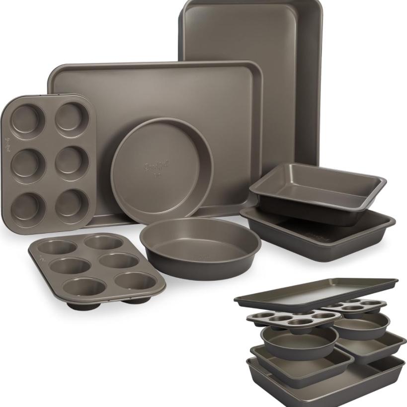 Goodful All-In-One Nonstick Bakeware Set, Stackable and Space Saving Design includes Round and Square Pans, Muffin Pans, Cookie Sheet and Roaster, Dishwasher Safe, 8-Piece, Graphite
