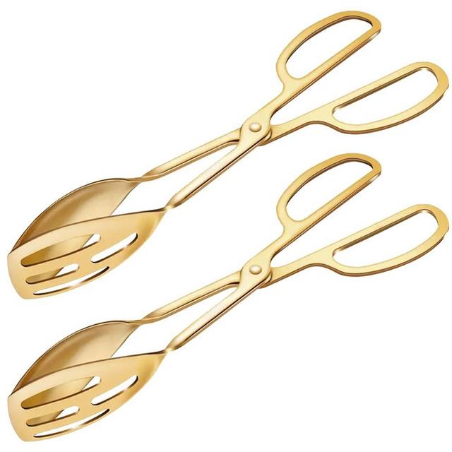 2 Pack Gold Serving Tongs Buffet Tongs for Kitchen Cooking 10 Inch Stainless Steel Salad Tongs Serving Utensils for Wedding Party Catering (Gold)