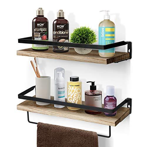 Amada Rustic Floating Shelves Wall Mounted, Solid Paulownia Wood Set of 2 for Kitchen, Bathroom, and Bedroom, Decorative Storage Shelf with Removable Towel Holder, Strong Black Metal Frame