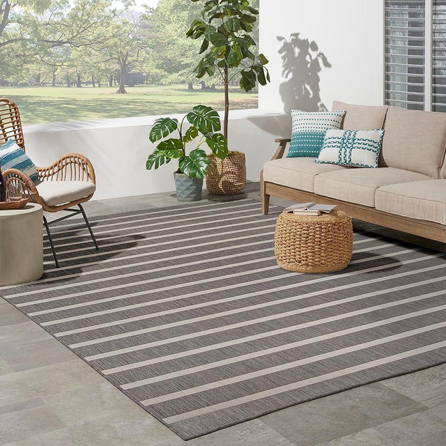 Nourison Positano Indoor/Outdoor Charcoal Ivory 8' x 10' Area Rug, Easy Cleaning, Non Shedding, Bed Room, Living Room, Dining Room, Backyard, Deck, Patio (8x10)