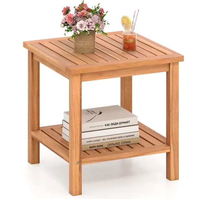 Costway 2-Tier Patio Acacia Wood Side Table w/Slatted Tabletop Storage Shelf for Garden