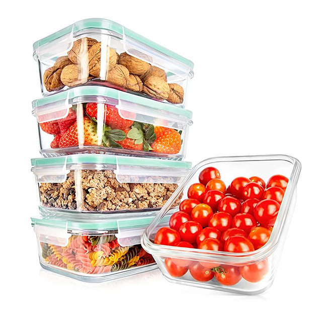 NutriChef 10-Piece Glass Food Containers - Stackable Superior Glass Meal-prep Storage Containers, Newly Innovated Leakproof Locking Lids w/Air Hole, Freezer-to-Oven-Safe (Green)