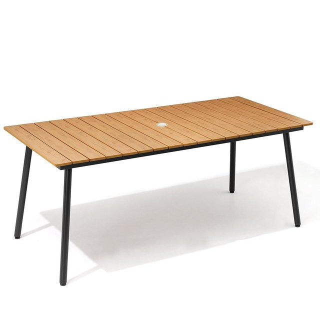 VredHom Outdoor Dining Table, 70inch Patio Dining Table with Wooden-Like Top and Aluminum Frame, Rectangular Table with Umbrella Hole Outdoor Furniture, Only Table, Brown