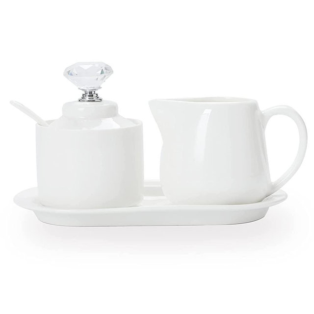 ONTUBE Porcelain Sugar and Creamer with tray and Crystal Lid Set of 4 (Silver)