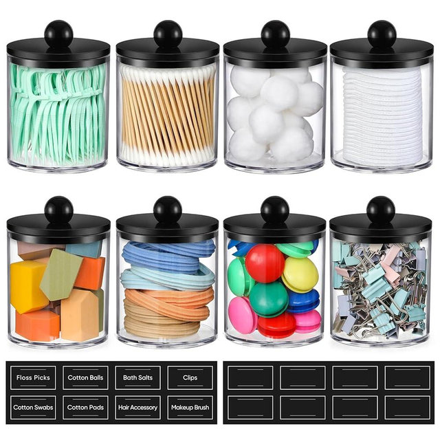 8 Pack Acrylic Qtip Holder Dispenser for Cotton Swabs, Balls, Pads, Floss - Plastic Canister Apothecary Jar Set, Bathroom Essentials Accessories Decor Vanity Makeup Storage Organizer - Clear & Black