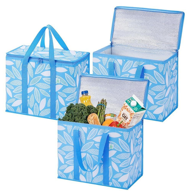 VENO 3 Pack Insulated Cooler Bag, Reusable Grocery Shopping Bag for Food Delivery, Heavy Duty, Large Size, Durable Handles, Double Zippers, Lid, Collapsible (Spring Breeze, 3 Pack)
