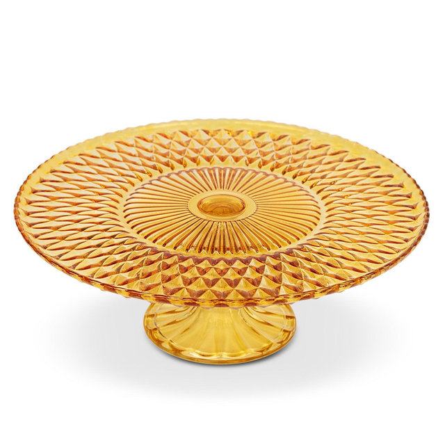 Amici Home Rochester Footed Glass Cake Stand, Round Vintage Style Serving Platter for Cupcakes, Cookies, Birthday Cake, Dessert Display Stand, Amber