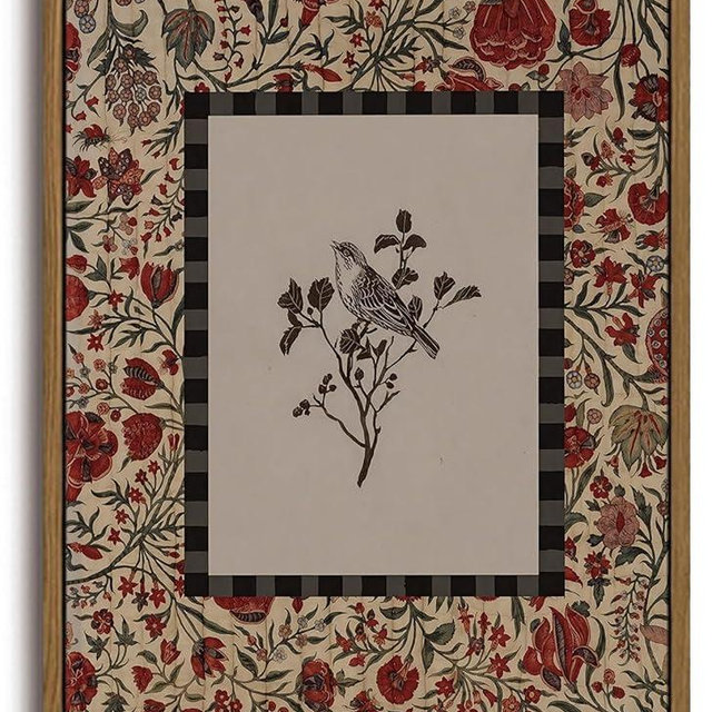 KISSFOX Vintage Framed Wall Art Decor Rustic Flowers Birds Pictures Wall Decor Botanical Floral Canvas Art Prints Red Natural Farmhouse Paintings Artwork For Bedroom Kitchen Living Room