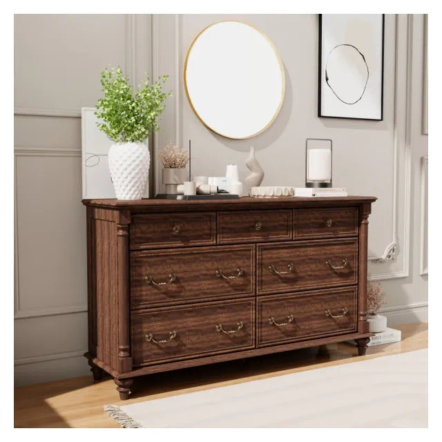 Farmhouse 7 Drawers Dresser for Bedroom with 4 Solid Wood Feet & Column Decor & Metal Slide, Storage Dressers for Bedroom, Living Room, Reclaimed