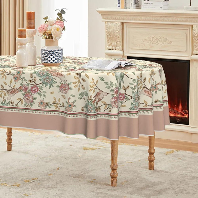 Horaldaily Floral Bordered French Tablecloth 60×84 Inch Oval, Pink Birds Elegant Vintage Washable Seasonal Table Cover for Party Picnic Dinner Decor