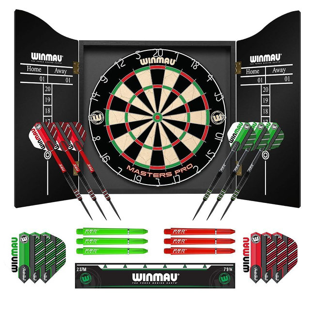 Winmau Darts - Masters Pro Premium Bristle Dartboard Set - Includes Dart Board, Darts, Flights, Shafts and Oche Strip - Professional Steel Tip Darts & Dart Board for Adults