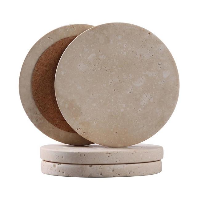CASACOUTURE-Travertine-Stone-Coasters Set of 4-Round -4" Diameter Drink Coasters for Housewarming Gift, Desktop Protection Suitable for Various Cups - Sturdy and Durable Aesthetics