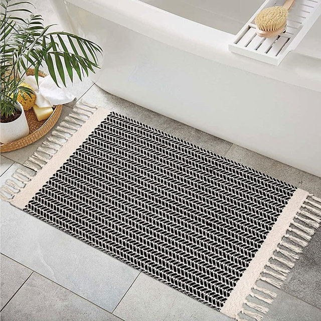 Lahome Boho Bathroom Rug, Small 2x3 Front Door Mat Lightweight Kitchen Rug Woven Cotton Area Rug with Tassels, Farmhouse Non-Shedding Washable Black Throw Rug Low Pile Carpet for Entry Laundry