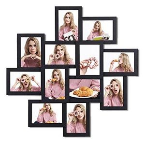 SONGMICS Picture Frames Collage for 12 Photos in 4" x 6" for Wall Mounting Multiple Picture Frames Glass Protection Display Wood Grain Black URPF22BK