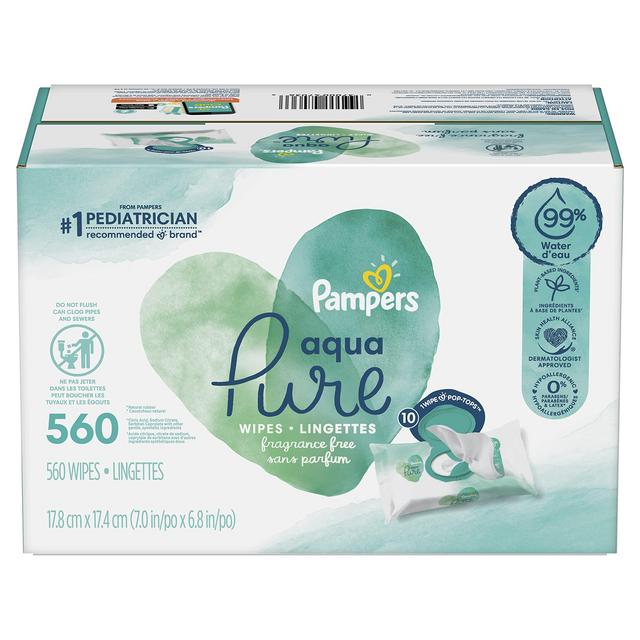 Baby Wipes, Pampers Aqua Pure Sensitive Water Baby Diaper Wipes, Hypoallergenic and Unscented, 10X Pop-Top Packs, 560 Count (Packaging May Vary)