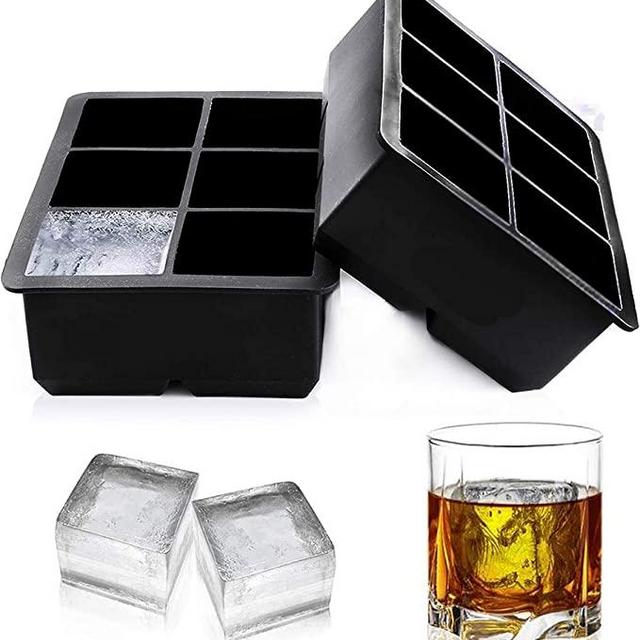 Ice Cube Trays Large Size Flexible 6 Cavity Ice Cube Square Molds for Whiskey and Cocktails, Keep Drinks Chilled (2 Pcs)