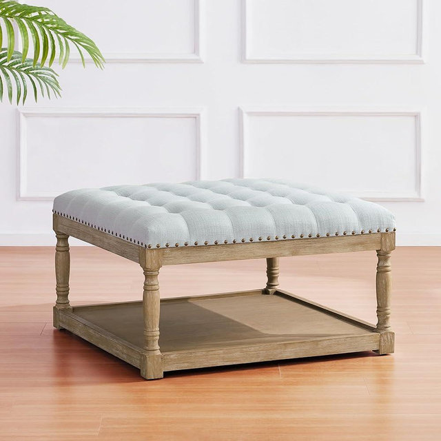 HUIMO 33-inch Large Square Ottoman Coffee Tables for Living Room, Tufted Upholstered Linen Ottoman with Storage Shelf and Solid Legs for Office Bedroom Farmhouse (Light Blue)