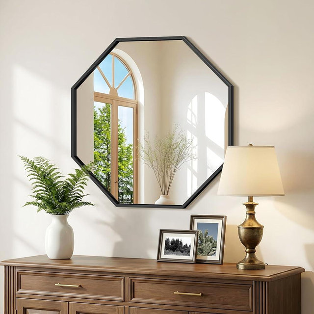 FORBATH 24x24 Inch Octagon Mirror for Wall, Black Bathroom Mirror for Over Sink with Iron Frame, Vanity Mirror Hanging for Bedroom Entryway Hallway Living Room, Horizontal/Vertical