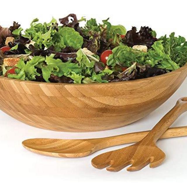 Lipper International 8204-3 Bamboo Wood Salad Bowl with 2 Server Utensils, Large, 14" Diameter x 4" Height, 3-Piece Set
