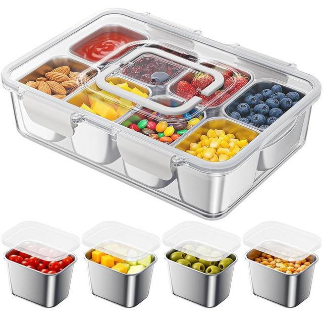 Osfel Snackle Box Container with 8 Removable Stainless Steel Compartments Divided Snack Tray with Portable Handle for Beach, Road Trip, Picnic, Boat Days, Ball Games, Pool and Parties
