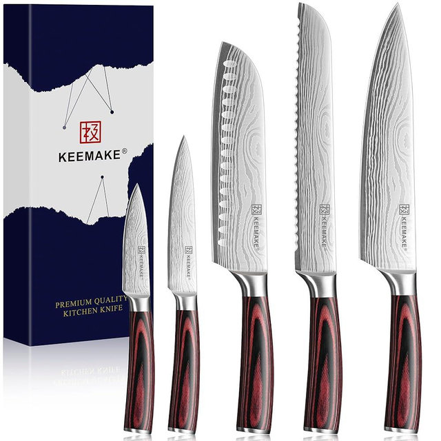 KEEMAKE Knife Set 5 Pieces, Professional Kitchen Knife Set, High Carbon Stainless Steel Chef Knife Set, Ultra Sharp Blade Knives Set for Kitchen with Ergonomic Pakkawood Handle & Gift Box