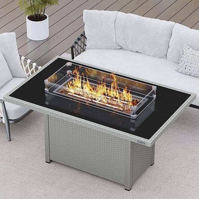 EAST OAK 52'' Propane Fire Pit Table, 60,000 BTU Gas Firepit w/Large Tempered Glass & Frame, CSA Certified Outdoor Patio Fire Table with Glass Wind Guard, Fire Glass and Lid, Grey