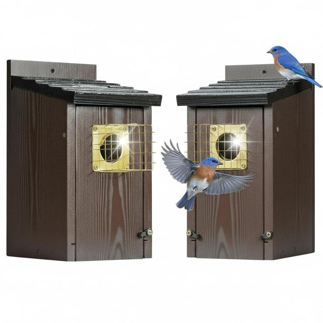2pk Fortress Bluebird House for Outdoor Clearance - Mesh Cage Predator Guard - Metal Base & Brass Guard - Cedar Birdhouse for Bluebirds, Finches, Swallows Carbonized Outdoor 5 Years Usage 6"x7"