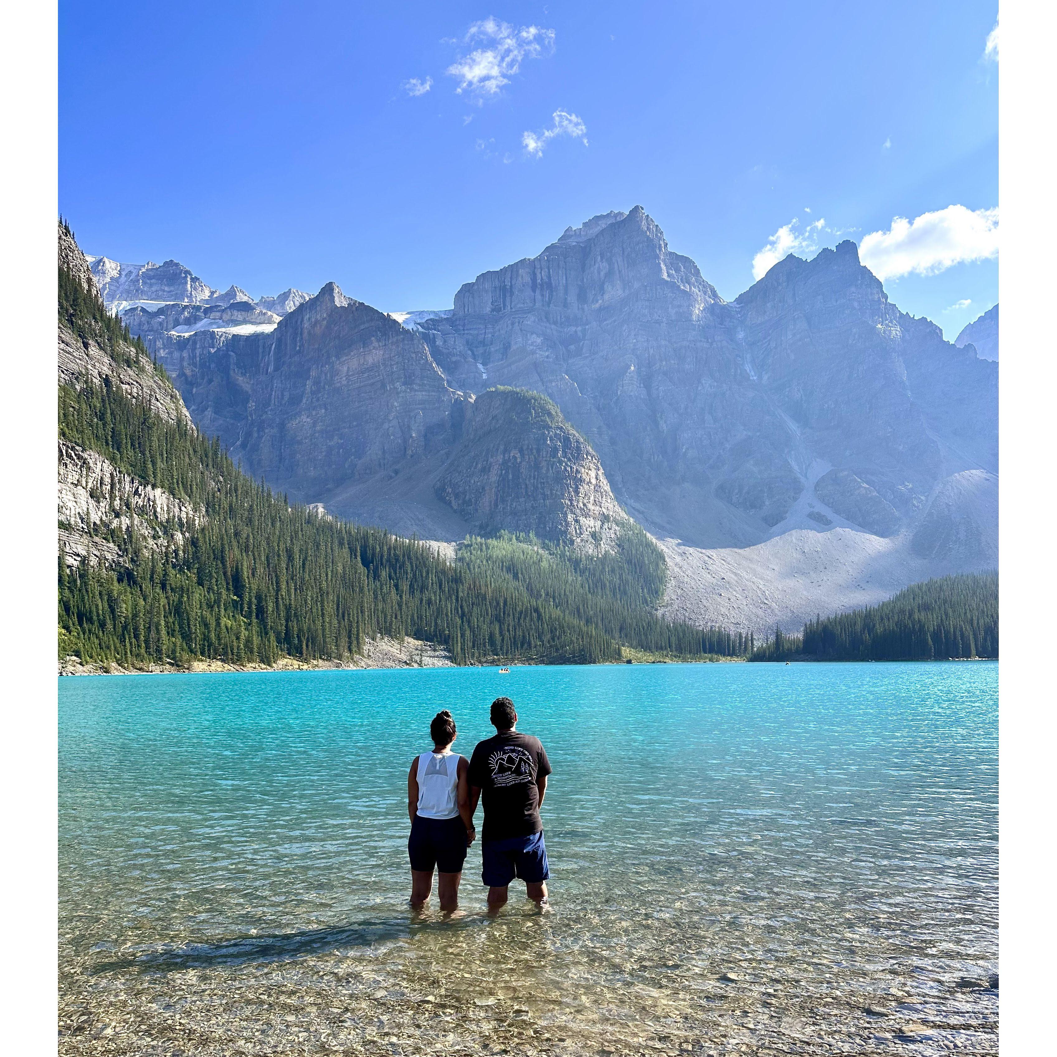 Lost in the Beauty of Banff. Despite the ice cold water, we had to jump in !